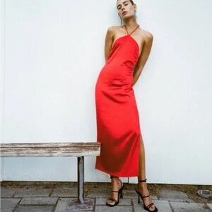 Zara Red Satin Effect Halter Midi Dress